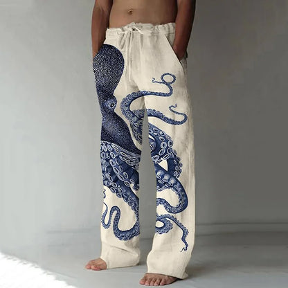 Japanse Art Octopus Print Casual Linnen Broek