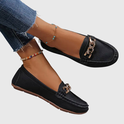 Women's Casual Slip-On Flat Loafers with Gold Chain Detail