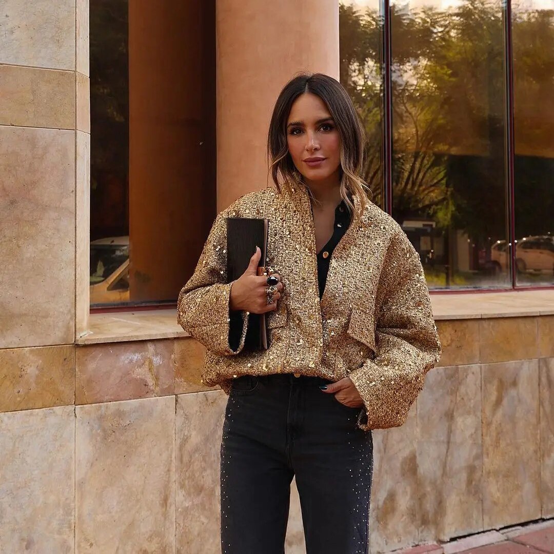 Adeline - Blouson aviateur à paillettes à manches longues avec boutons