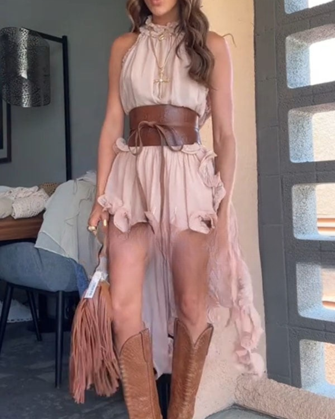 Damen-Haltertop aus Chiffon mit Rüschen, A-Linie