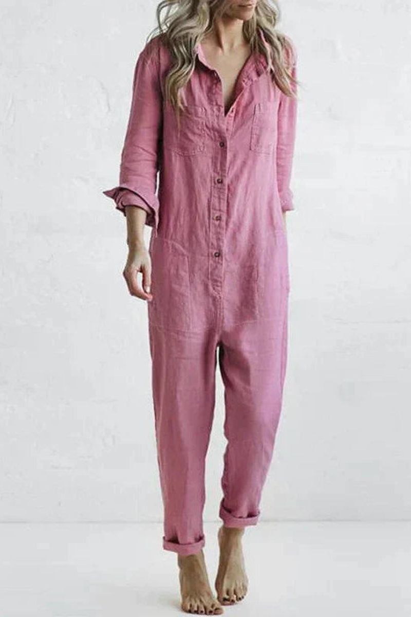 Audrey Casual Langærmet Button Up Jumpsuit | Flatterende pasform med brystlomme | Perfekt til både afslappede og elegante lejligheder