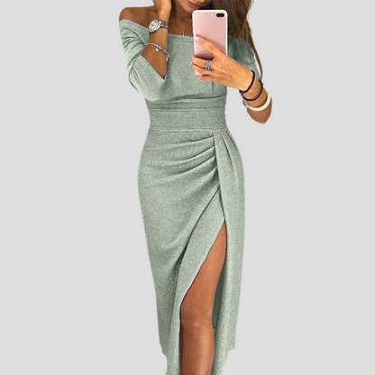 Sienna | Women’s Off-Shoulder Glitter Midi Evening Dress