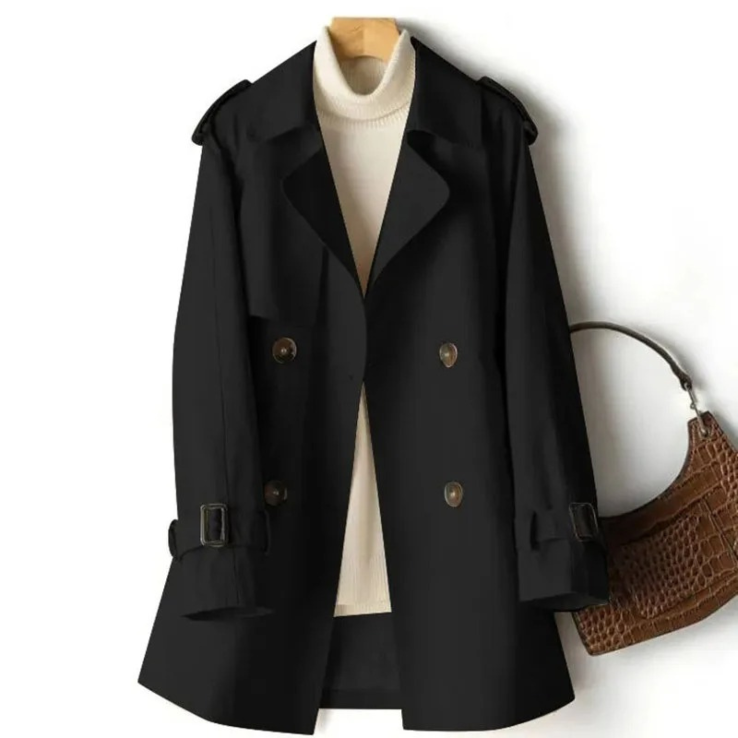 Manteau noir élégant à double boutonnage avec col large, ceintures aux poignets, sur un pull blanc, sac à main marron en cuir texturé.
