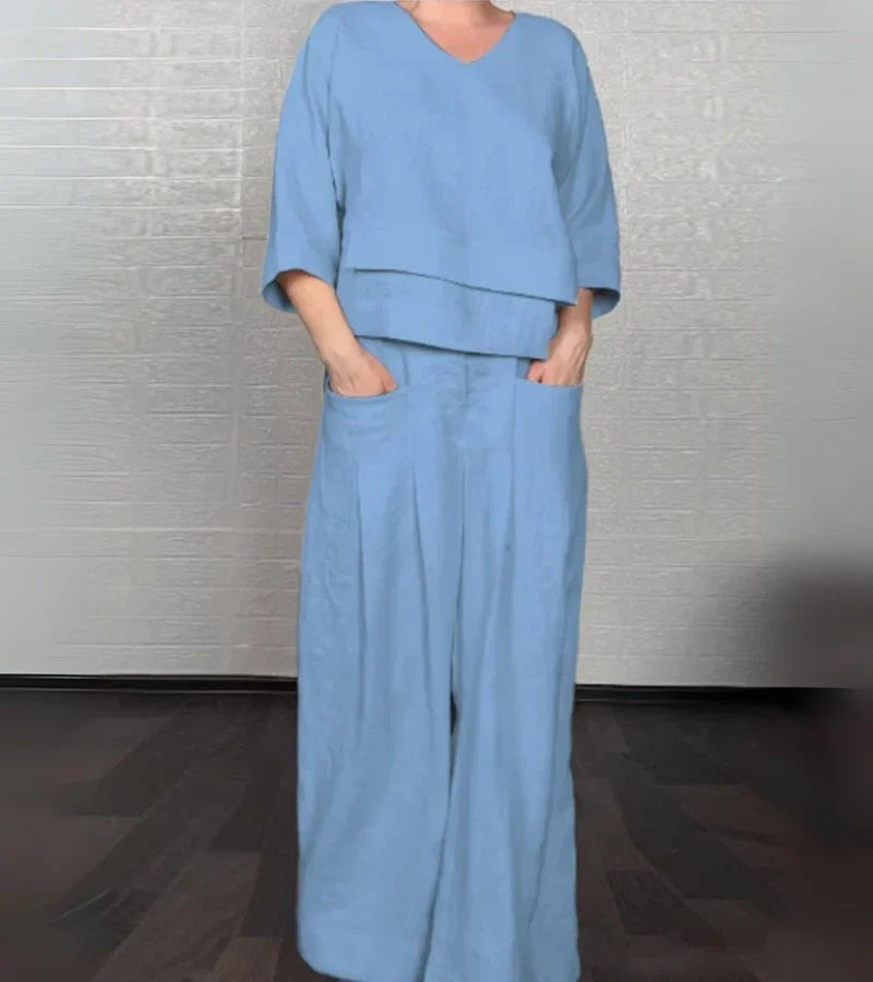Sonja | Elegant women's outfit with asymmetric top and wide-leg trousers