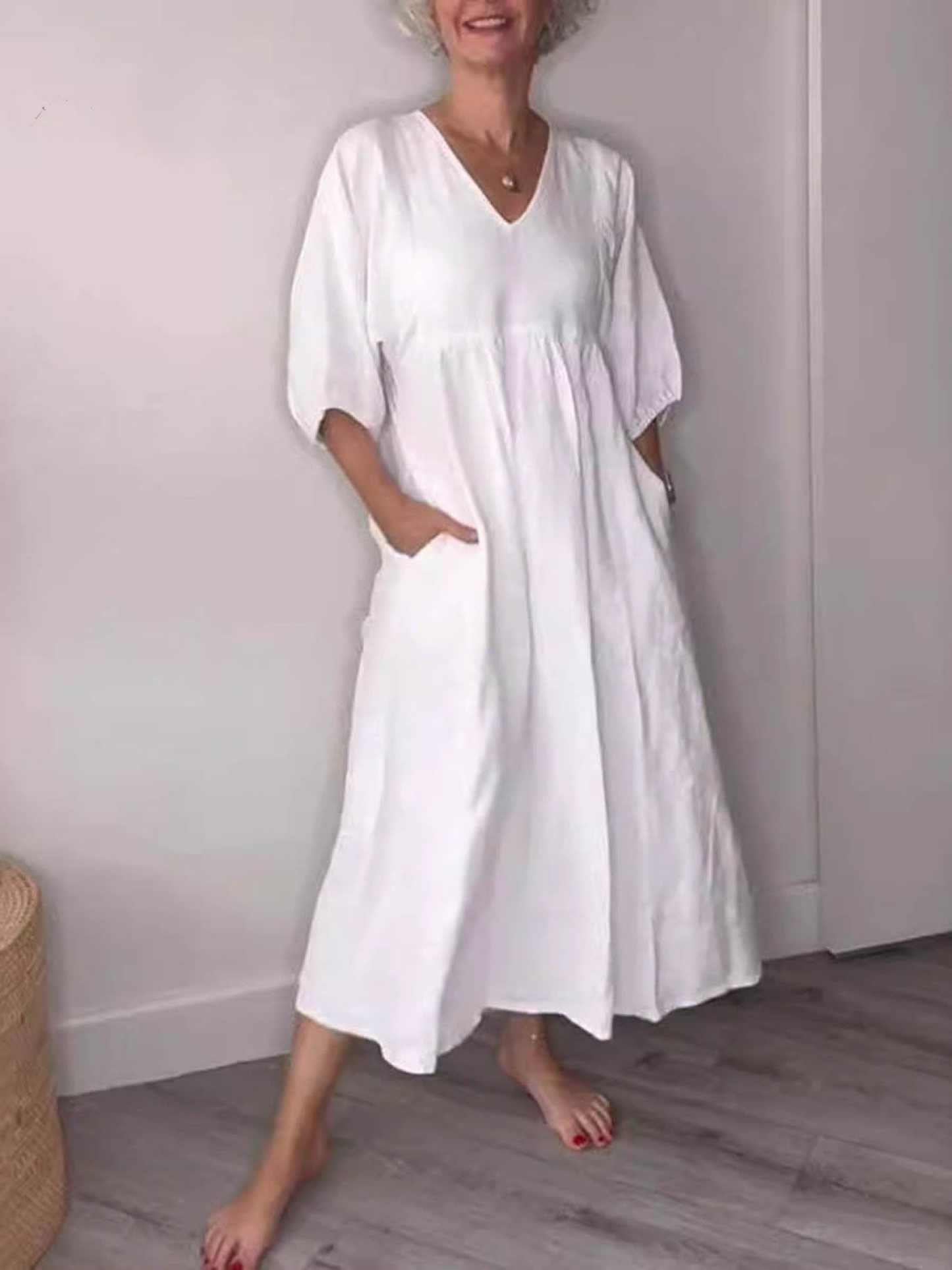 Women's V-Neck Linen Maxi Dress With Half Sleeves