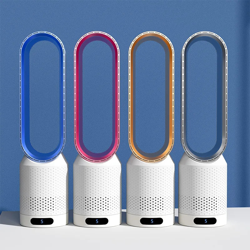 Quatre ventilateurs sans pales modernes de différentes couleurs sur fond bleu, design élégant, technologie avancée, intérieur contemporain.