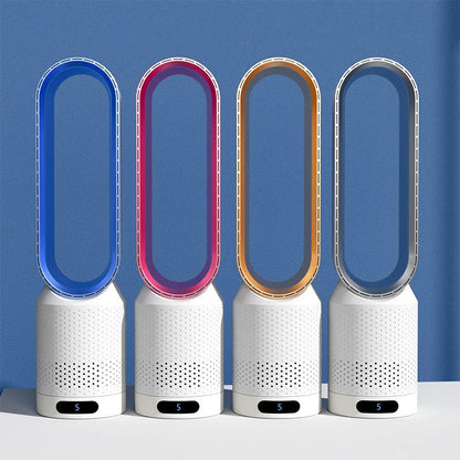 Quatre ventilateurs sans pales modernes de différentes couleurs sur fond bleu, design élégant, technologie avancée, intérieur contemporain.