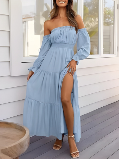 Robe longue bohème à épaules dénudées pour femme – Robe d'été trapèze fendue et à volants
