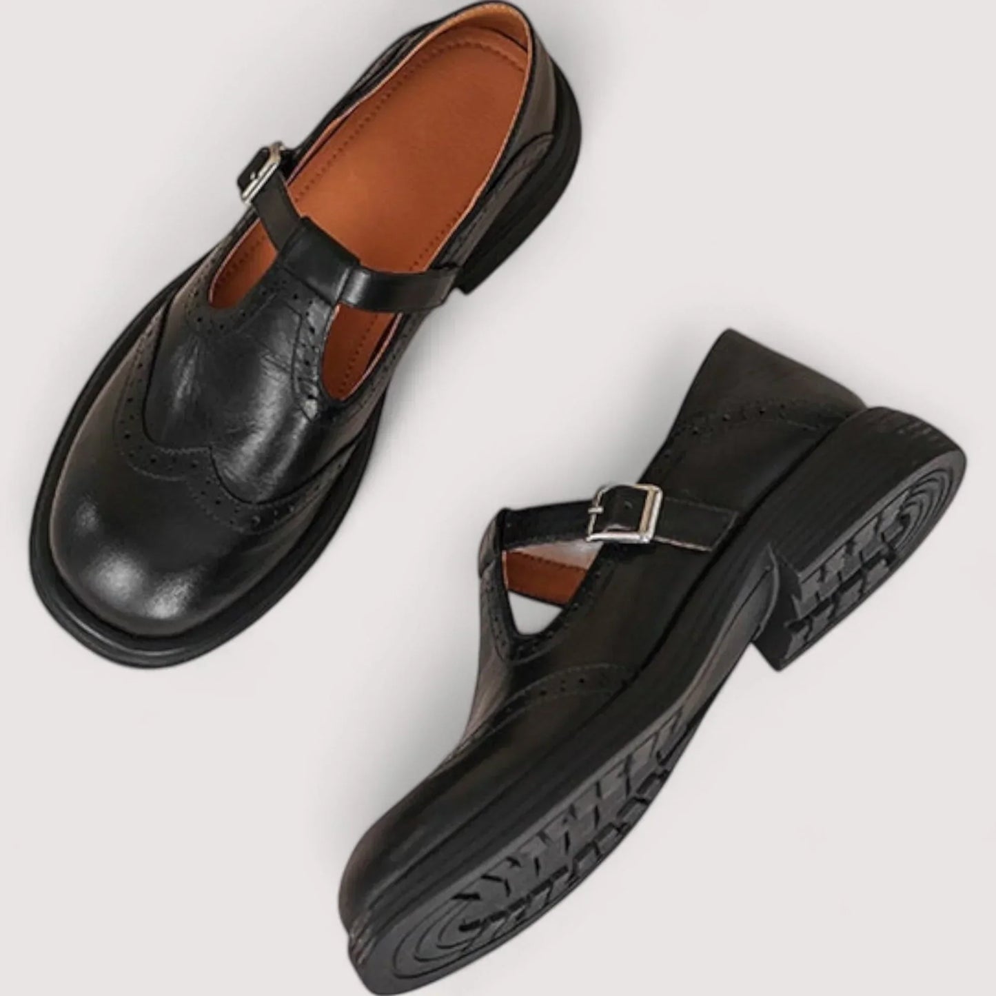 Women's Leather T-Strap Brogue Mary Jane Shoes