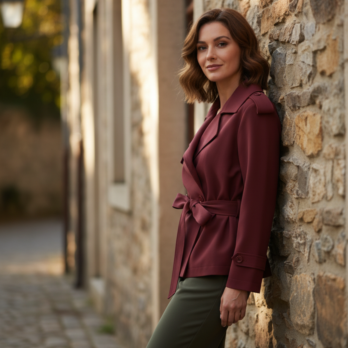 Trench-Coat Court en Polyester avec Ceinture et Col à Revers pour Femme