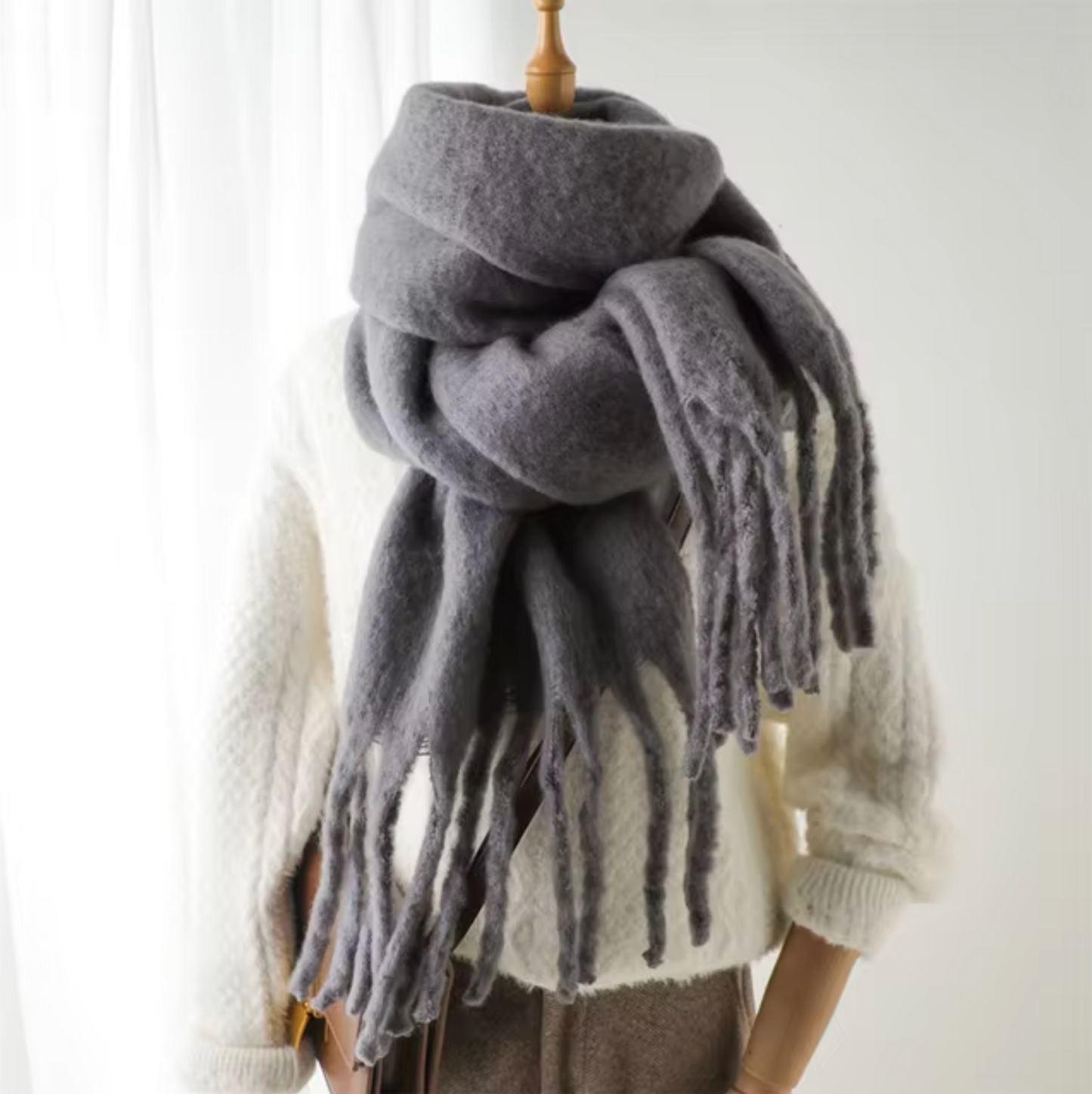 Women's Wool Mix Oversized Tassel Knit Scarf Heavyweight Chunky Wrap