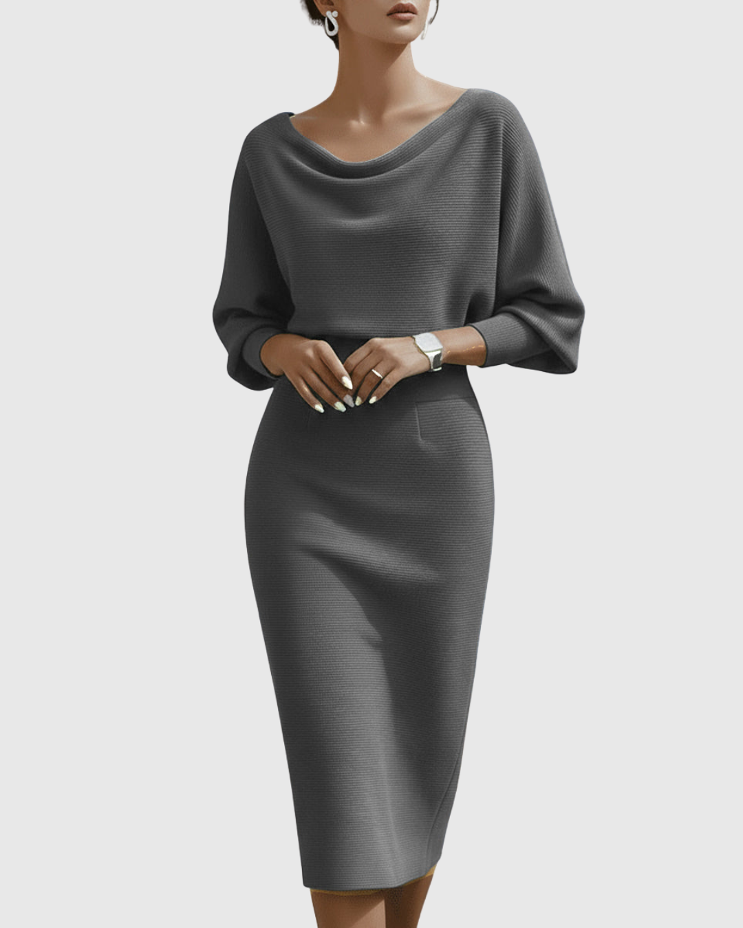 Women's Cowl Neck Batwing Sleeve Ribbed Midi Dress