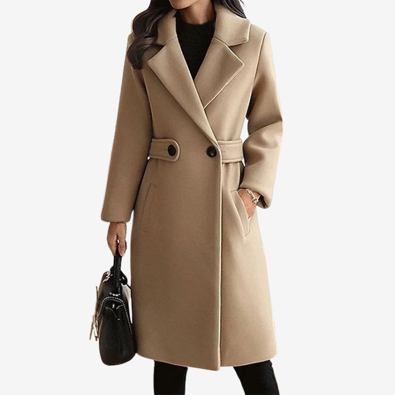 Faith - Long Sleeve Long Coat with Belted Waist and Side Pockets