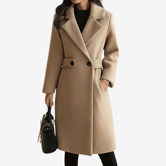 Faith - Long Sleeve Long Coat with Belted Waist and Side Pockets