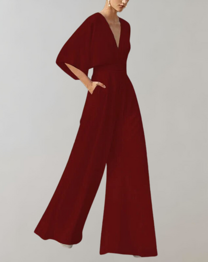 Combinaison Élégante à Col en V et Jambes Larges pour Femme – Tenue Confortable et Stylée