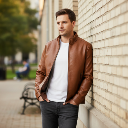 Veste en Cuir Italien pour Homme avec Fermeture Éclair et Poignets Nervurés
