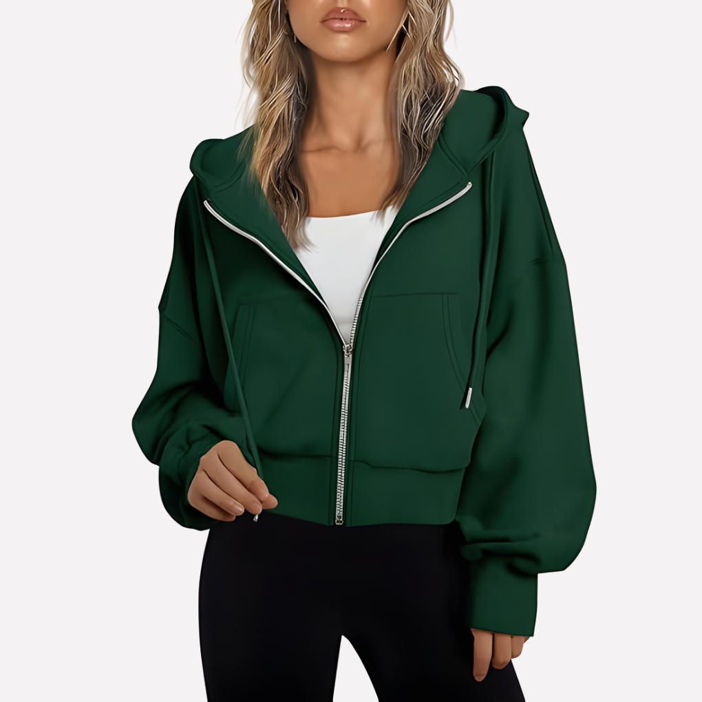 Women’s Zip Hoodie Relaxed Fit Cropped Drawstring Jacket