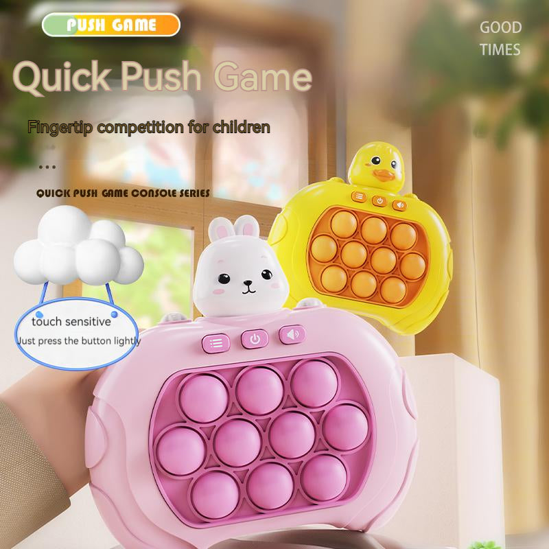 Rosa und gelbe Push-Pop-Spielkonsole für Kinder, Kaninchen- und Entenmotiv, sensorisch.