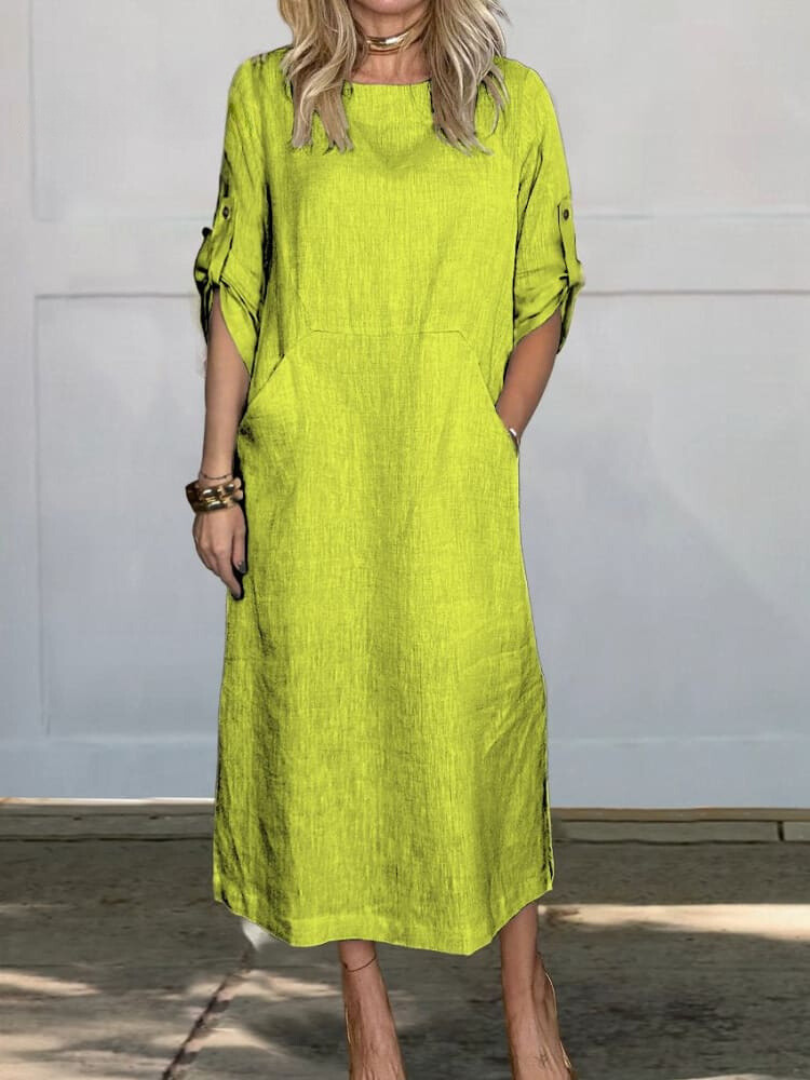Comfortable plain linen dress with pockets for women