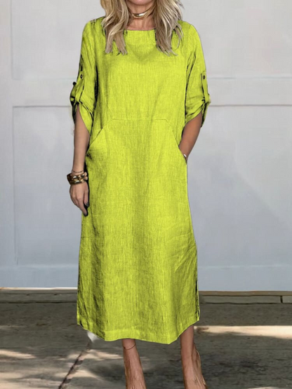 Comfortable plain linen dress with pockets for women