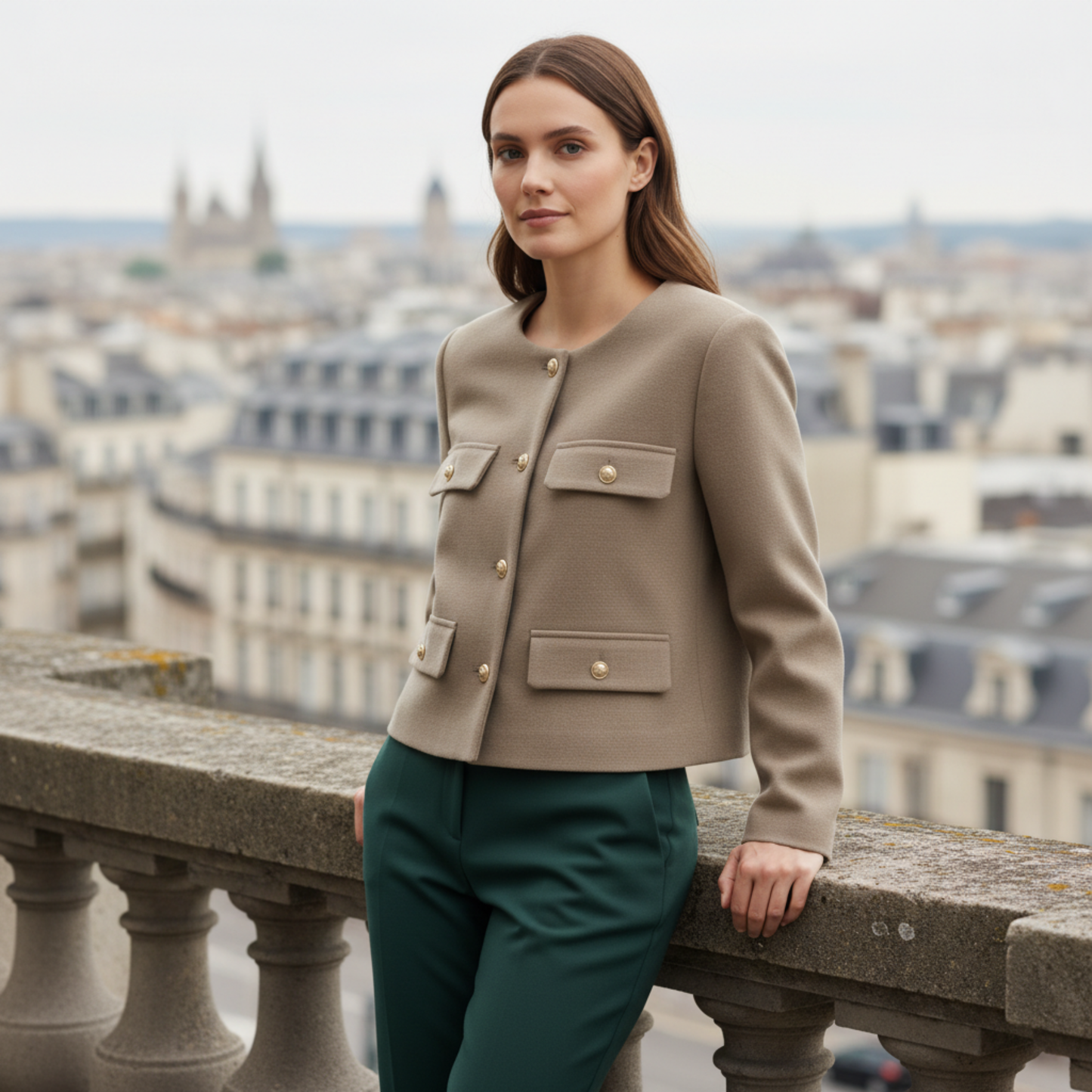 Veste en Polyester à Col Rond avec Boutons Dorés et Poches pour Femme