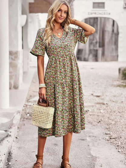 Robe Midi Fleurie Femme à Col V – Robe d’Été Légère à Manches Courtes