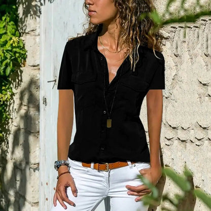 Women’s Short Sleeve Button Blouse Structured Pocket Front Fit