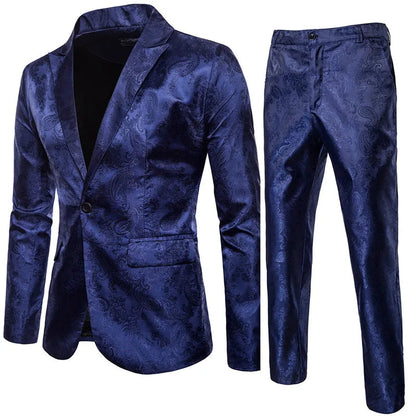Men’s Jacquard Suit Set Slim Fit Formal Blazer Trousers