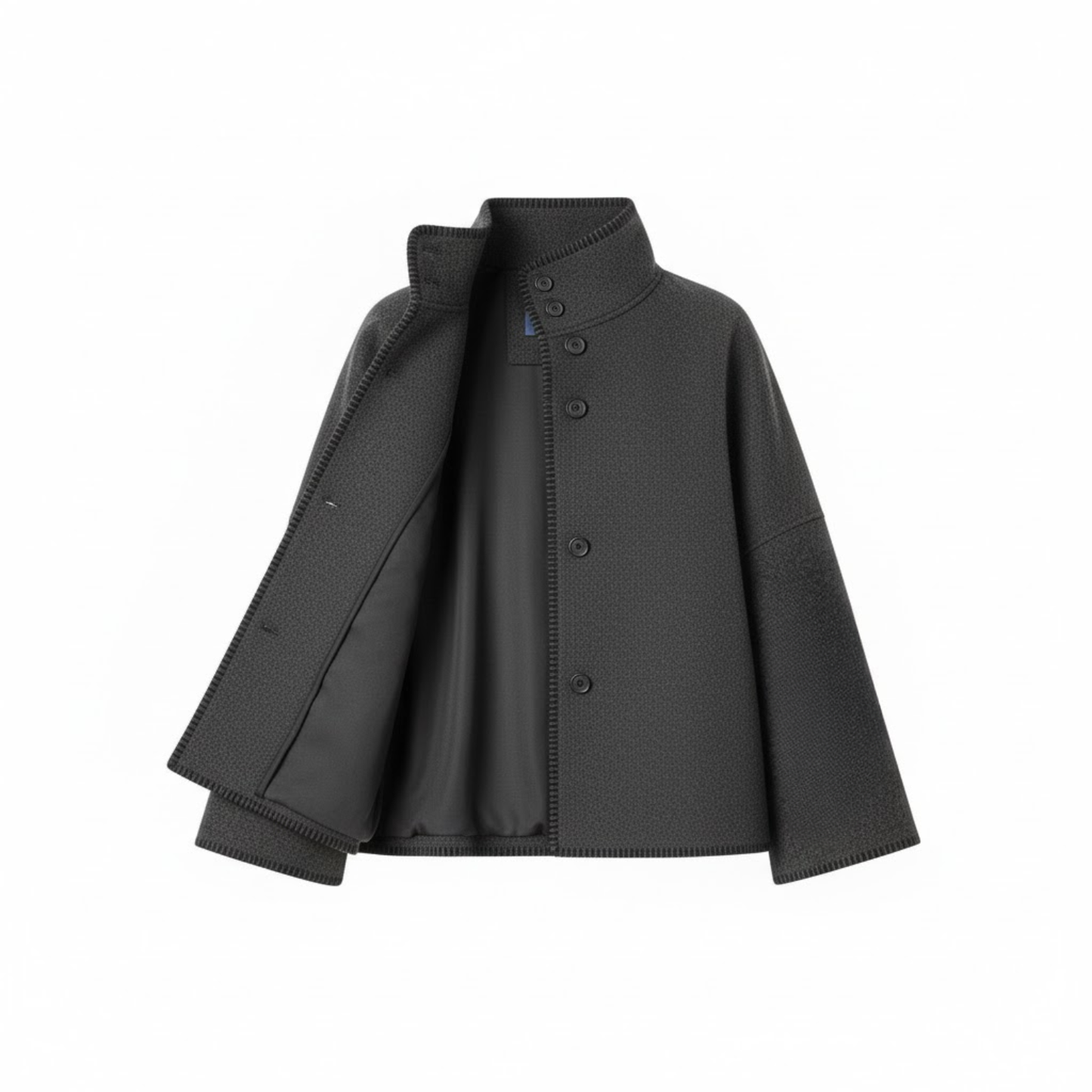 Veste Femme Vintage en Laine Épaules Larges Col Montant Manches Longues Automne Chic