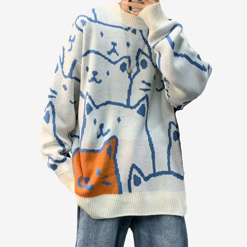 Jasper – Long Sleeve Cat Print Sweater With Round Neck