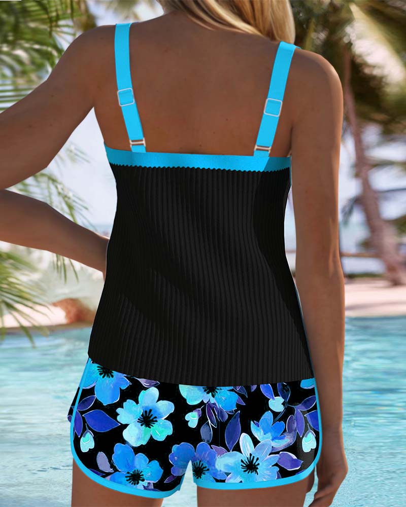 Maren Floral-Print Swimsuit Tank Top with Matching Boxer Bottoms