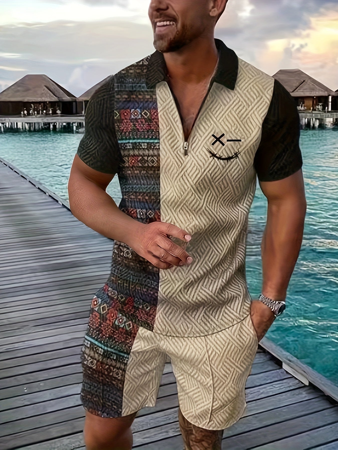 Xylaric | Casual tweedelige set voor heren – T-shirt met reverskraag en korte broek met trekkoord