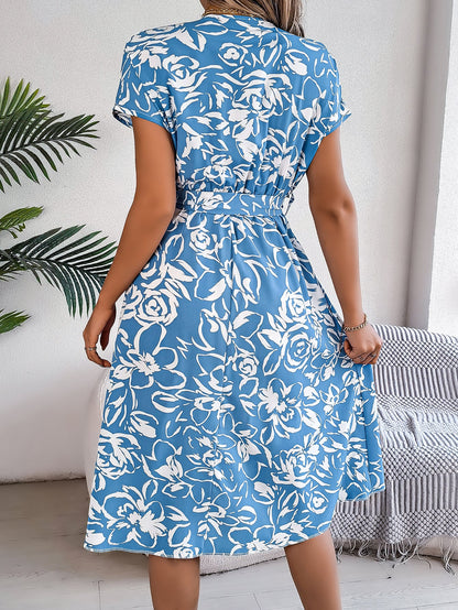 Women's Casual V Neck Button Batwing Sleeve Floral Print Flowy Dress