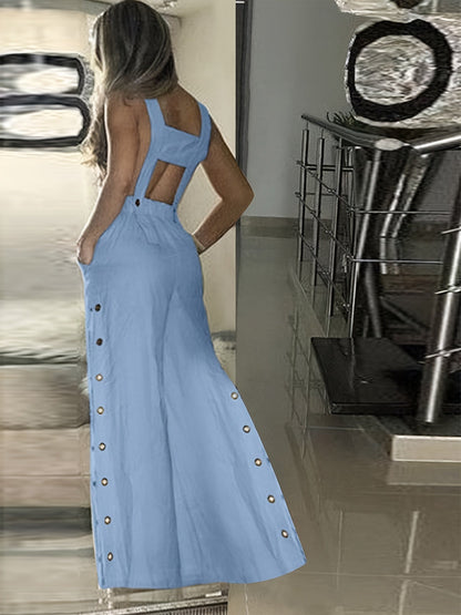 Roupa de Moda Feminina, Jardineiras Femininas, Macacão Casual de Cor Sólida Sem Mangas e Perna Larga com Bolsos Laterais e Botões Laterais