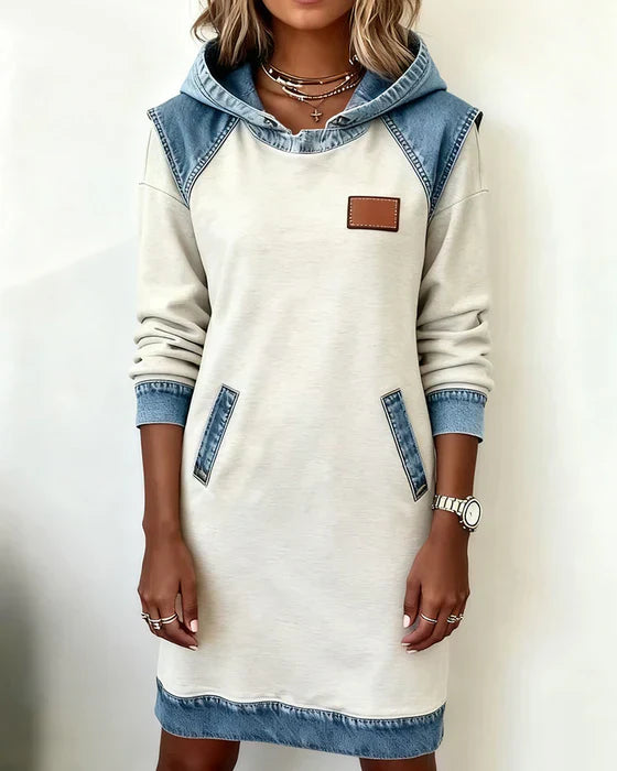 Hooded Sweatshirt Women Fleece Dress Denim Trim Hoodie
