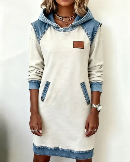 Hooded Sweatshirt Women Fleece Dress Denim Trim Hoodie