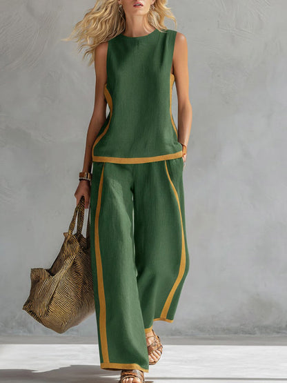 Virelya | Linnen 2-delige Set voor Dames – Elegante Mouwloze Top & Wide-Leg Broek