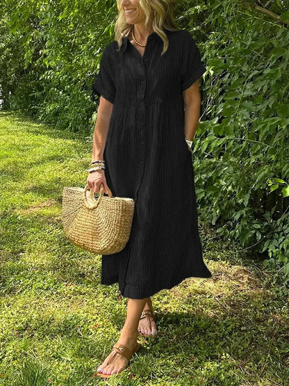 Linen Maxi Dress Women's Short Sleeve V-Neck Loose Fit Casual Shirt Dress