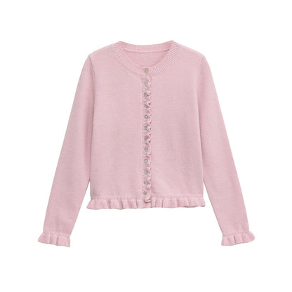 Ruffled women's cardigan with buttons, chic layered top