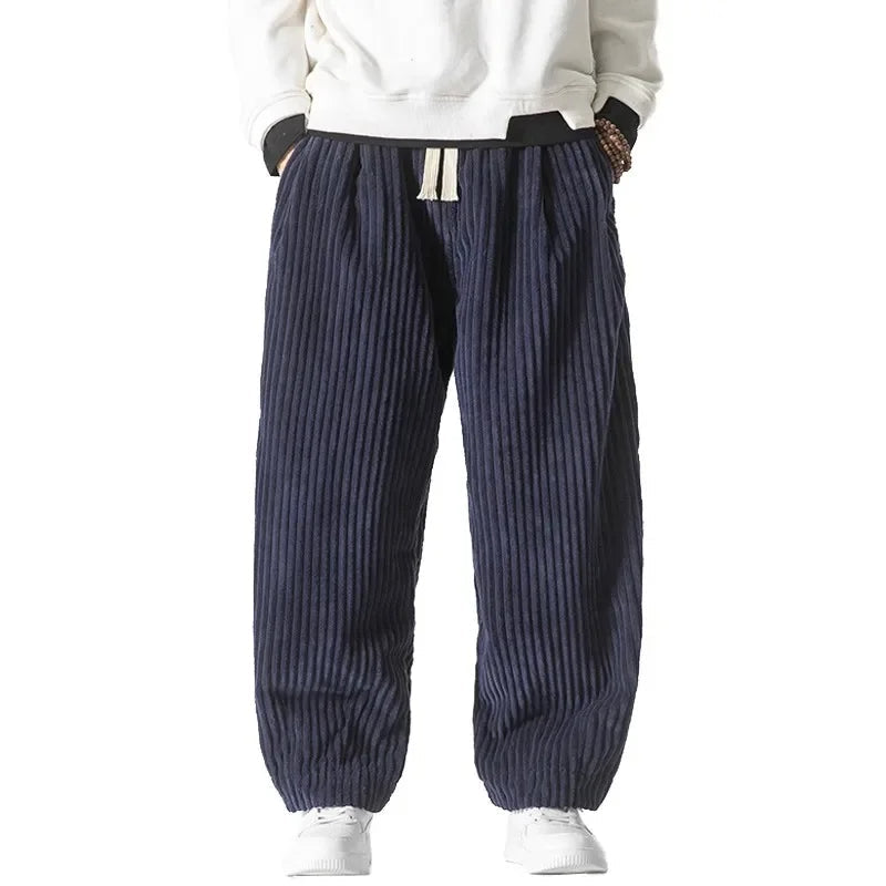 Men's Wide Leg Relaxed Fit Corduroy Baggy Trousers with Drawstring