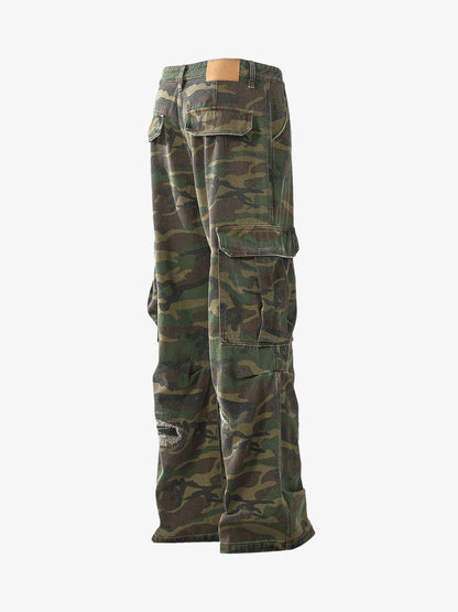 Woven Ripped Camouflage Cargo Baggy Pants