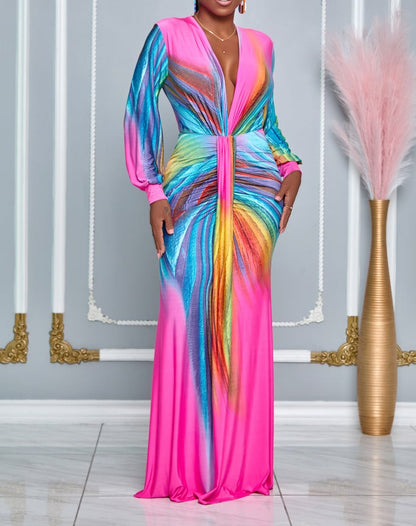Maxikleid mit V-Ausschnitt und Batik-Faltenrock