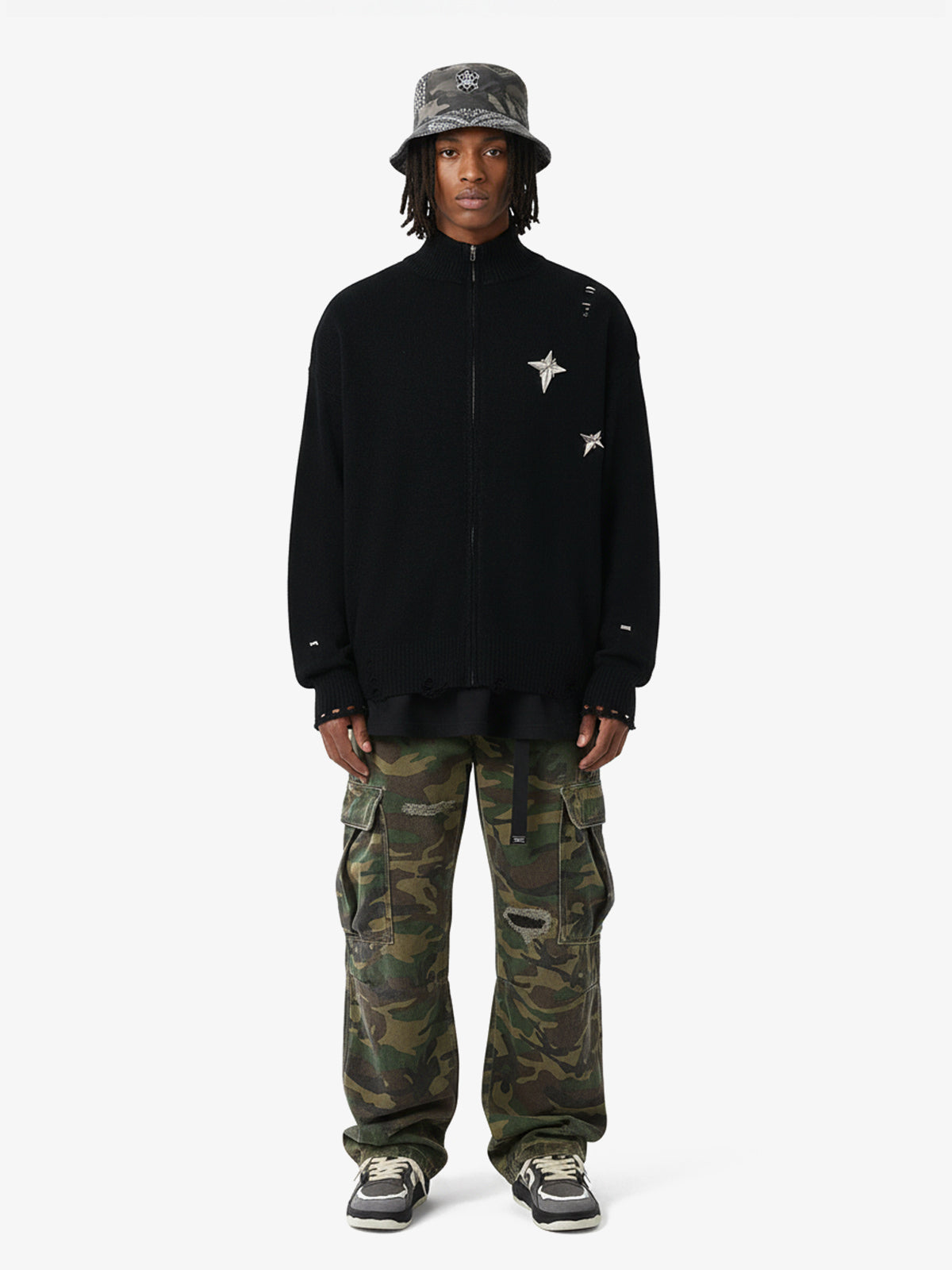 Woven Ripped Camouflage Cargo Baggy Pants