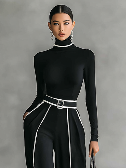 Set aus Damen-Rollkragenpullover und Hose mit weitem Bein