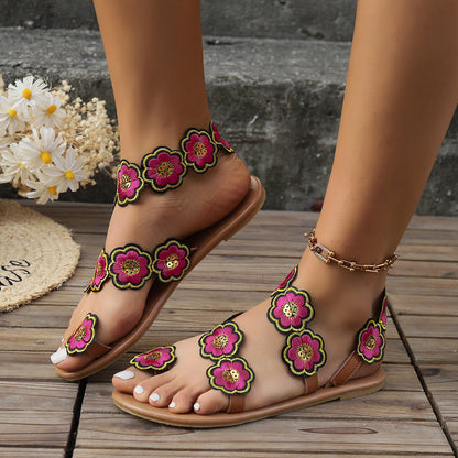 Ethnic Style Flowers Flat Sandals Casual Clip Toe Beach Shoes For Women