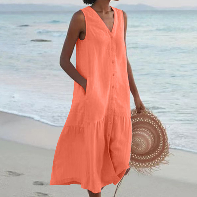 Women's Sleeveless Button-Front Midi Dress with V-Neck Design