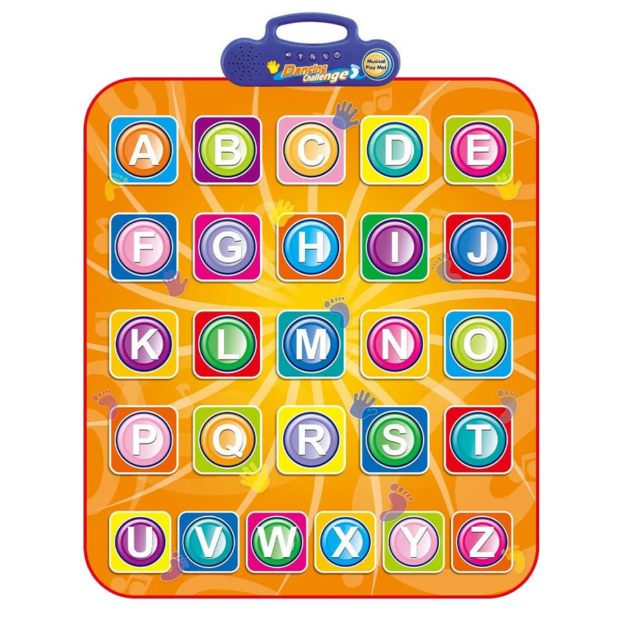 Tapis de jeu éducatif interactif pour enfants avec alphabet coloré, lettres A à Z, fond orange vif, idéal pour apprentissage ludique.
