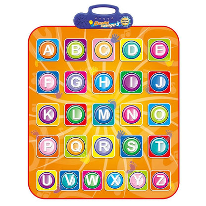 Tapis de jeu éducatif interactif pour enfants avec alphabet coloré, lettres A à Z, fond orange vif, idéal pour apprentissage ludique.