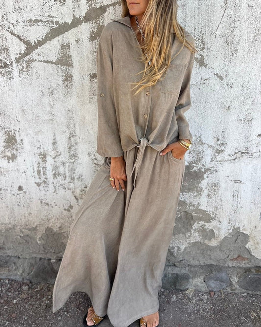 Ensemble Deux-Pièces Femme Décontracté et Tendance – Chemise à Manches et Pantalon Large Confortable