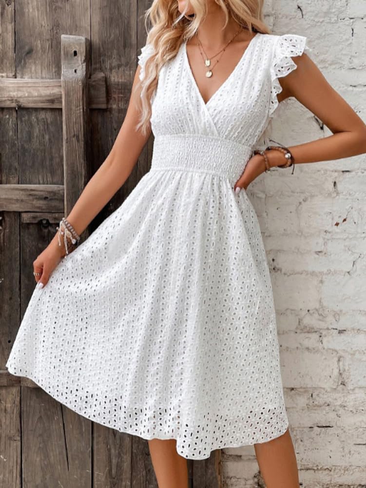 Adeline Robe Midi Femme Été – Robe Broderie Anglaise Col V avec Manches Volants & Taille Smockée